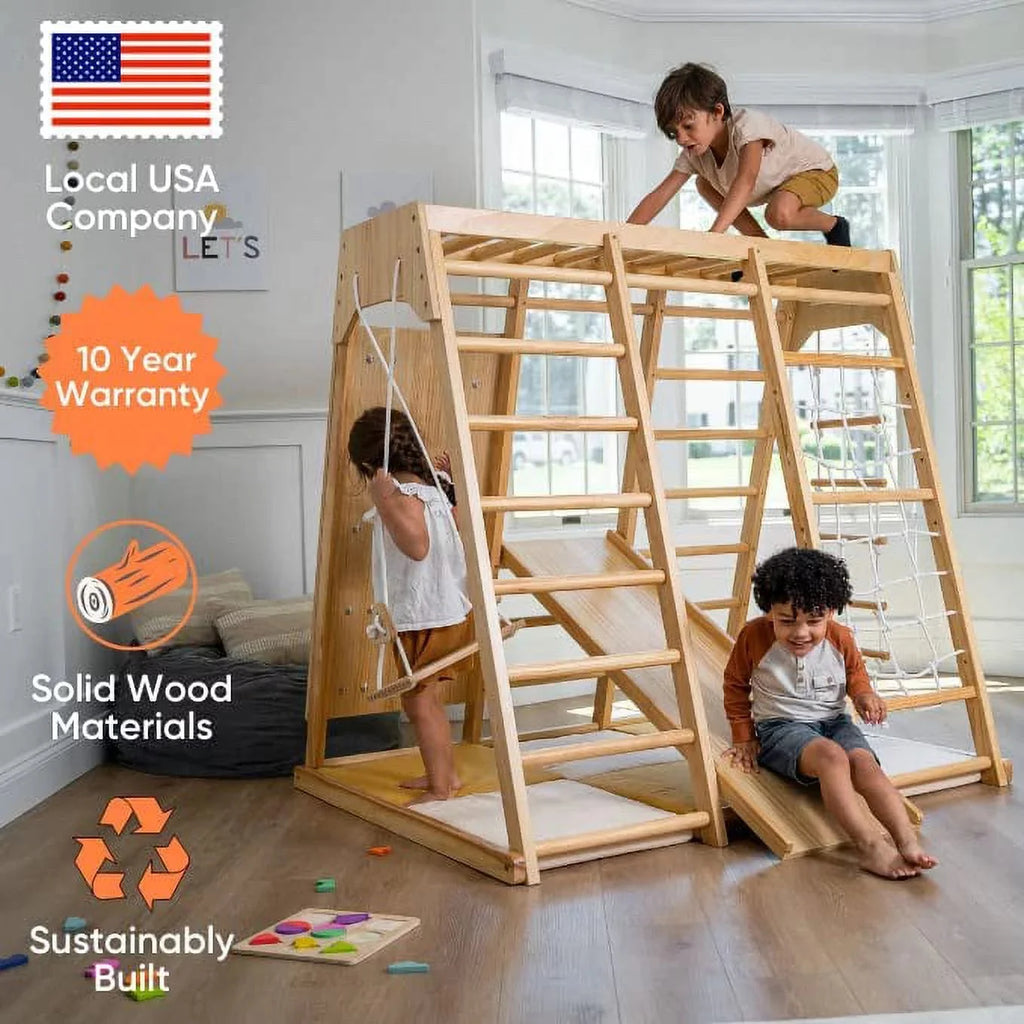 Avenlur Magnolia Parque Infantil Interior Gimnasio Jungle 6 en 1 Estilo Montessori Waldorf Juego de Escalada de Madera con Tobogán, Pared de Escalada, Escalera de Cuerda, Barras de Mono y Columpio para Niños de 2 a 6 años