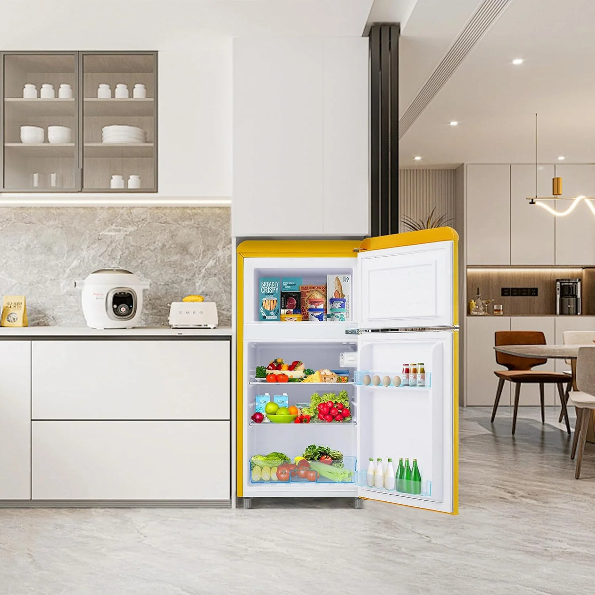 Réfrigérateur-congélateur Style rétro, Deux Portes, capacité Totale de 72 litres, Compartiment congélateur de 21 litres, consommation énergétique de 120 kWh/an, éclairage LED Yellow