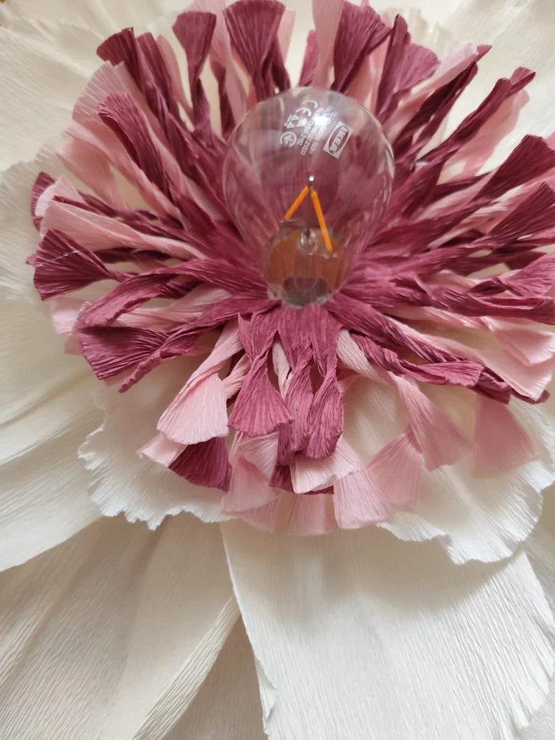 Pantalla de lámpara de papel crepé blanco y rosa, adorno floral colgante hecho a mano.