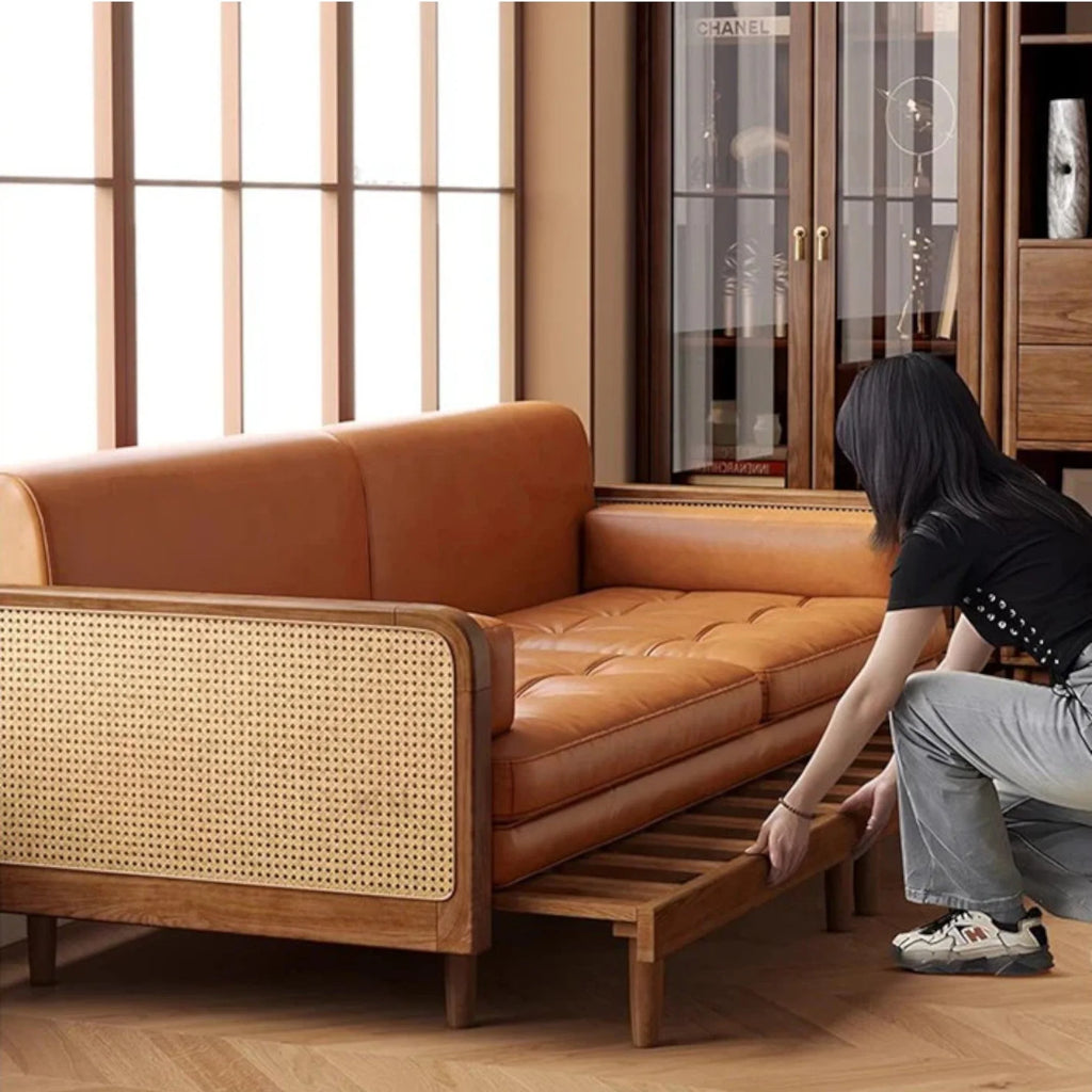 Nismaaya Leather & Rattan Weaving Wooden Frame Sofa Cum Bed