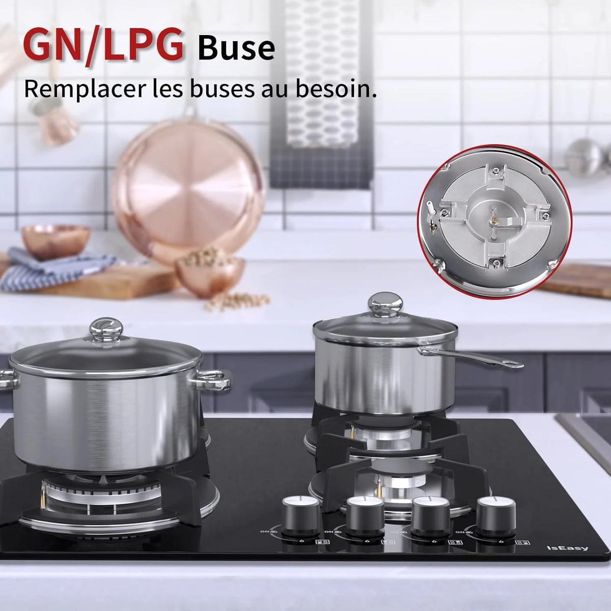 IsEasy Plaque Gaz 4 Feuxs Encastrable, Plaque de Cuisson Gaz 4 Feuxs Verre, Table Gazs 60cm, Gazs Bouteille et Ville, Avec buse NG/LPG