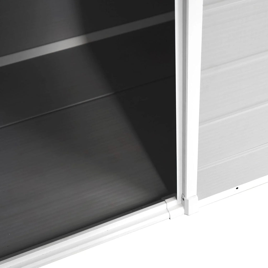 WASABI Abri de Jardin en Résine Unit 1.4 - Assemblage Simple - Fenêtre à lumière du Jour - Panneaux de 12mm d'épaisseur - Plancher Inclus - Blanc Gris - Cabane de Stockage extérieur en PVC 1,37m2