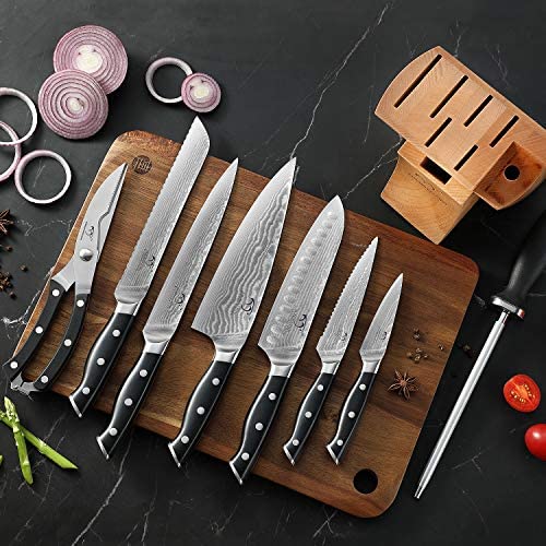 Juego de cuchillos de cocina Damascus, set de 9 piezas con bloque, mango ergonómico ABS para cuchillos de chef, afilador de cuchillos y tijeras de cocina, bloque de madera de haya