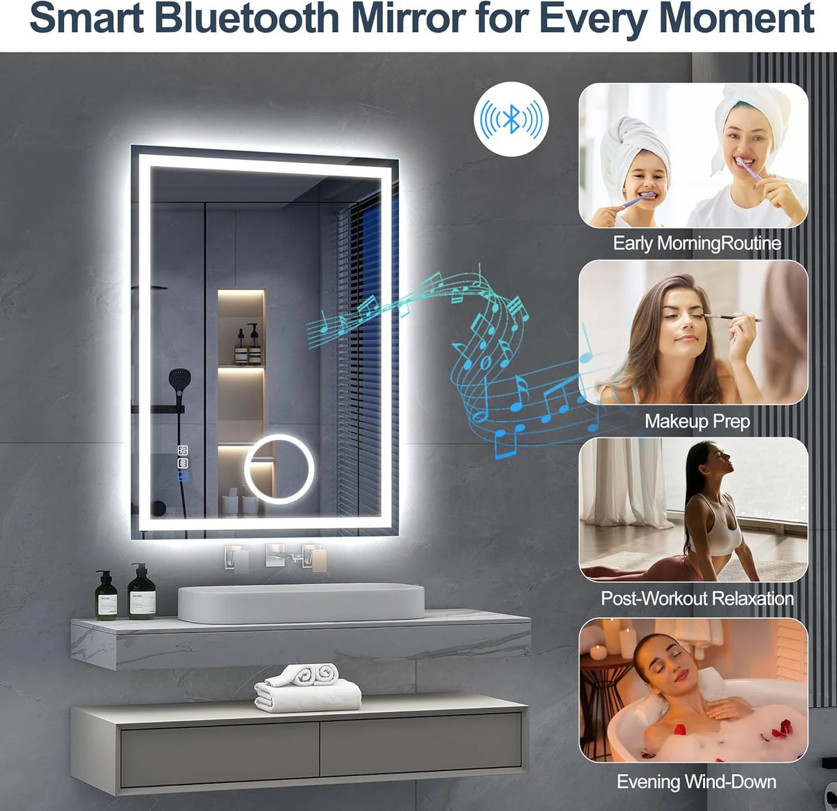 S'bagno Espejo-Baño-con-Luz 120x70cm, Espejo-Baño-LED-Bluetooth con Función Antivaho, 3000K/4000K/6500K, Regulable, Memoria, Cristal Templado HD, IP44-Espejos-de-Baño-con-LED, Horizontal/Vertical