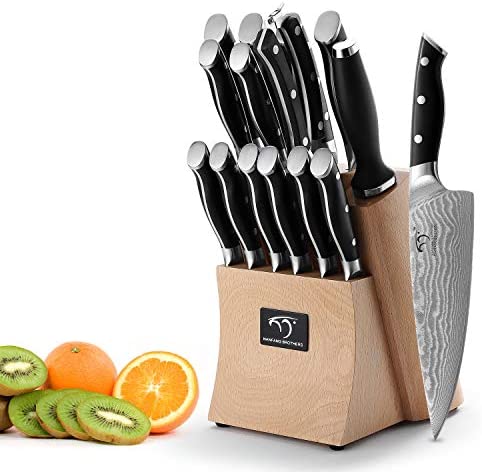 Juego de cuchillos de cocina Damascus, set de 9 piezas con bloque, mango ergonómico ABS para cuchillos de chef, afilador de cuchillos y tijeras de cocina, bloque de madera de haya