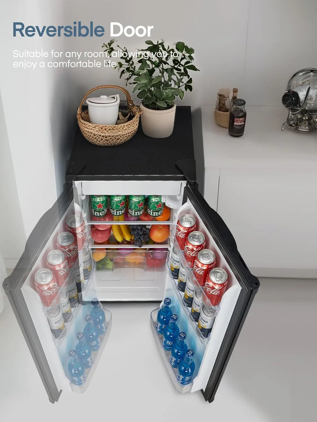 FOHERE Petit Frigo avec Congélateur de 91L, Réfrigérateur à une porte, Bac à Légumes, Thermostat Réglable, Silencieux, Petit Frigo de Bureau, Porte Réversible, Dortoir, Chambre, Noir