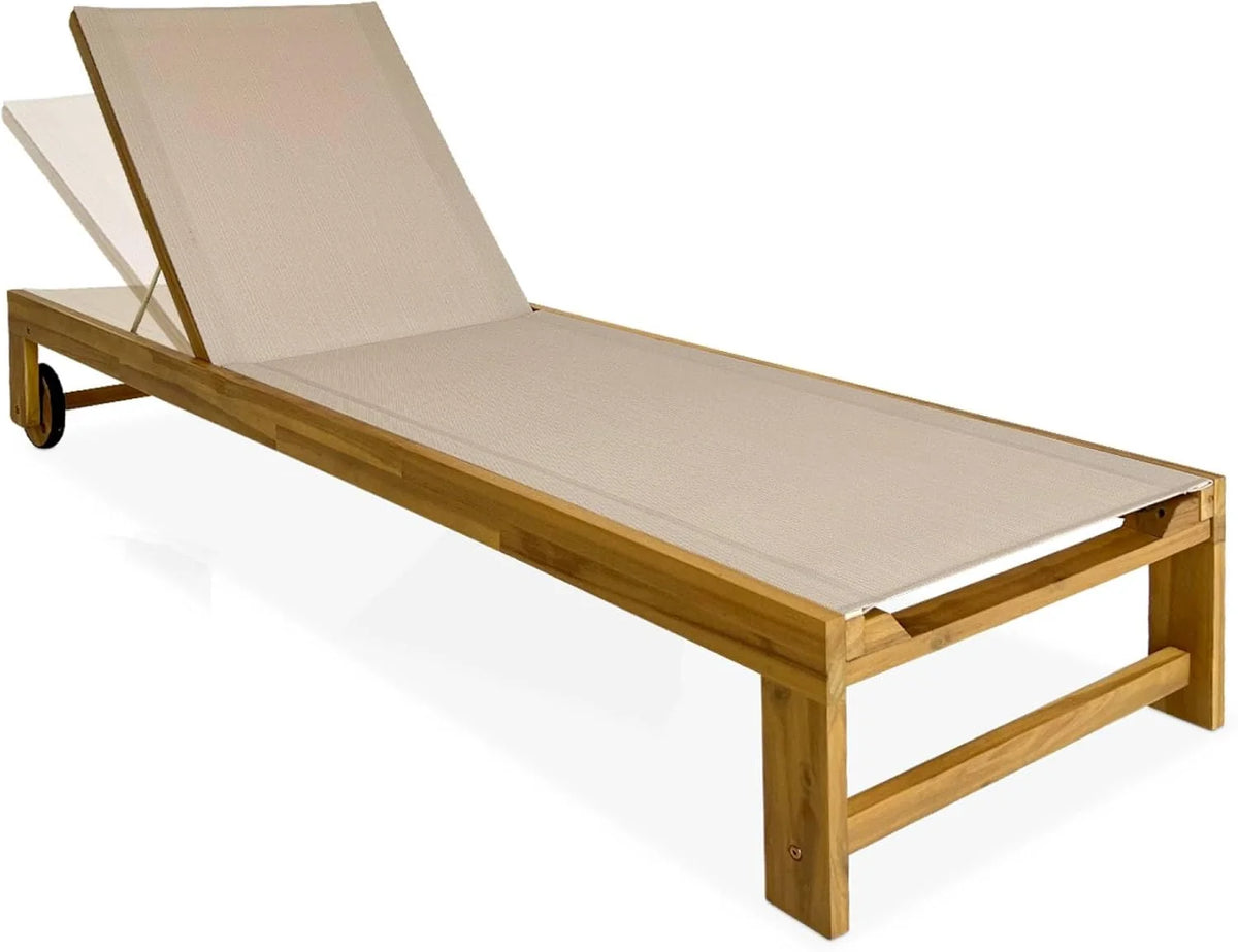 sweeek - Lot de 2 Bains de Soleil en Bois d'acacia et textilène Beige. Multi Positions avec roulettes