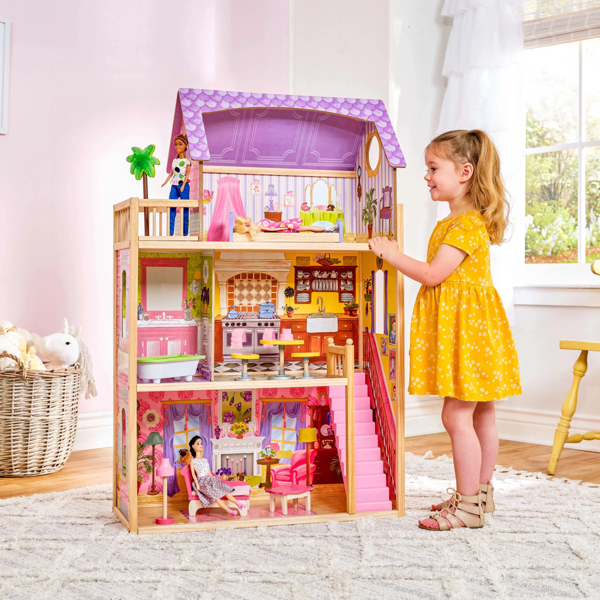 Casa de Muñecas de Madera KidKraft Kayla con Juego de Muebles de 10 Piezas, Casi 4 Pies de Altura