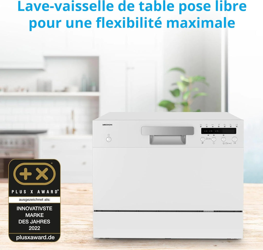 MEDION Lave-vaisselle de table DWT 60 (capacité 6 couverts, 7 programmes, affichage LED, 47dB, MD37496), blanc