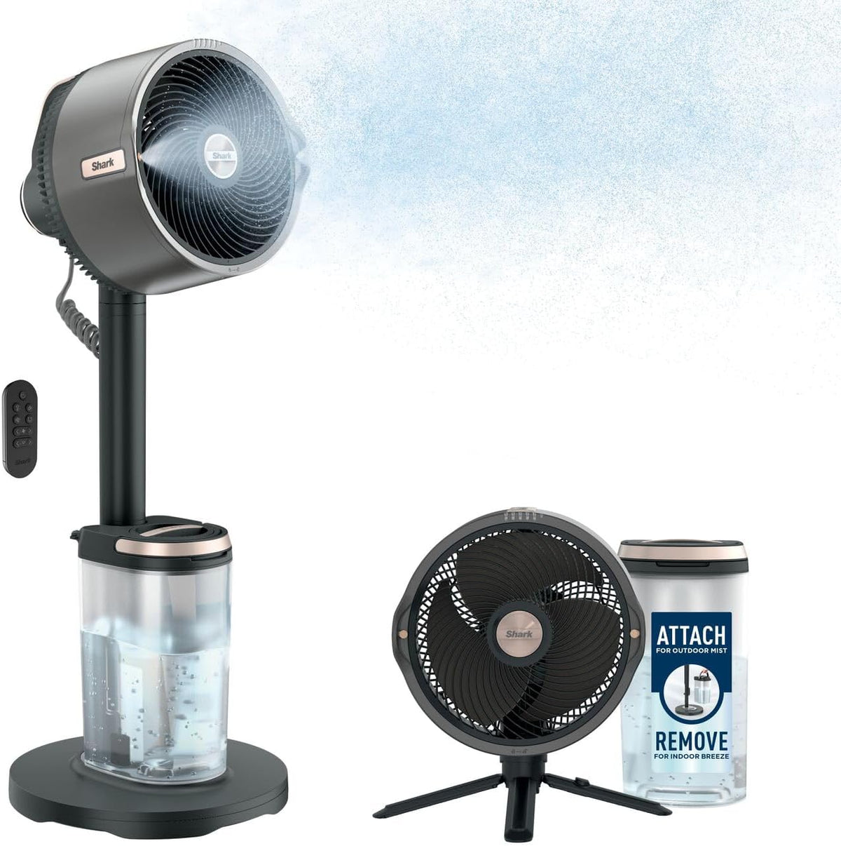 Shark FlexBreeze Pro Mist Ventilateur intérieur/extérieur sans fil, Brumisateur portable, Portée 20 m, Sur pied ou de table, 5 vitesses, Silencieux, Télécommande, Gris Charbon FA300EU