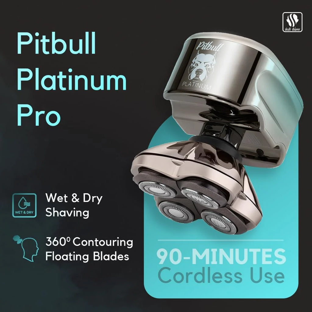 Skull Shaver Pitbull Platinum Pro - Rasoir Électrique Homme - Sans Fil, Rechargeable, Humide/Sec, Ergonomique pour Crâne Chauve - Avec Socle de Rinçage et Étui de Voyage