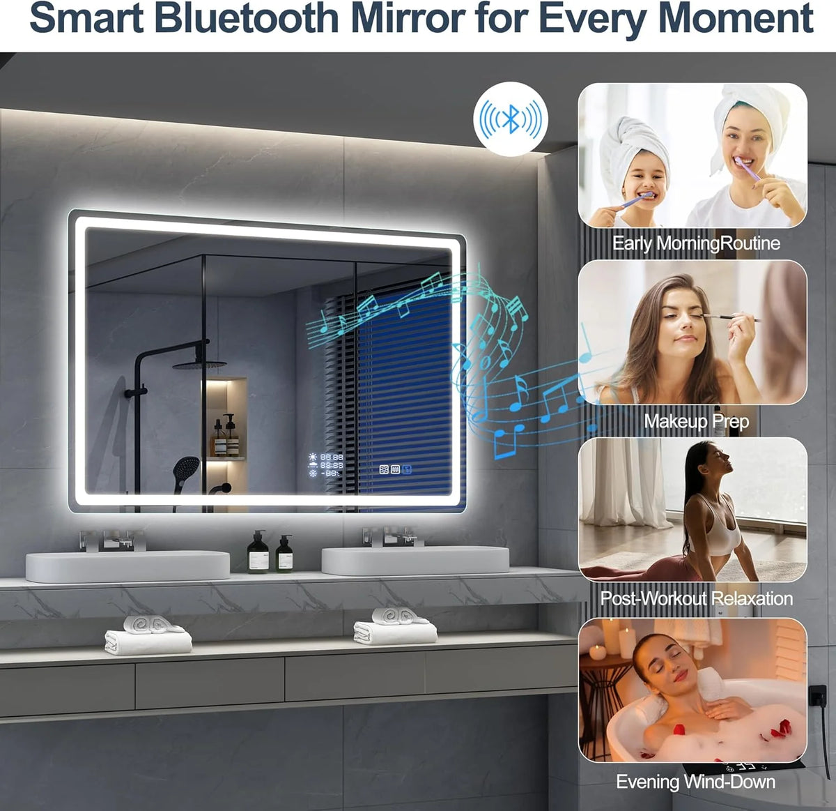 S'bagno Espejo-Baño-con-Luz 120x70cm, Espejo-Baño-LED-Bluetooth con Función Antivaho, 3000K/4000K/6500K, Regulable, Memoria, Cristal Templado HD, IP44-Espejos-de-Baño-con-LED, Horizontal/Vertical