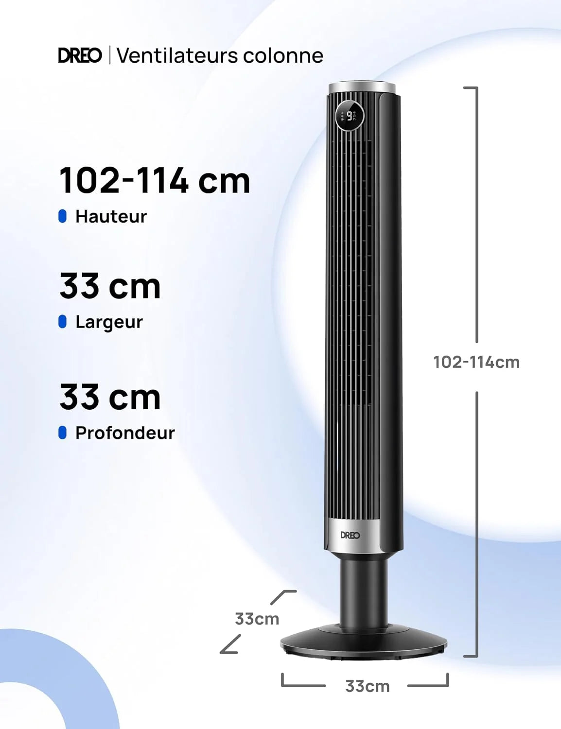 DREO Ventilateur colonne intelligent 554S, ventilateur sur pied réglable 102–114 cm, 8.4 m/s, oscillation 90°, silencieux 20 dB, 9 vitesses, 4 modes, minuterie 12 h, compatible Google et Alexa