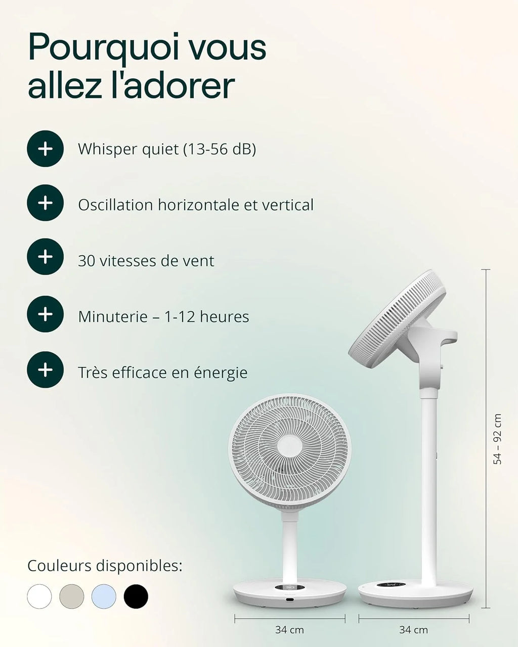 Duux Whisper Flex 2 Ventilateur – Ultra Silencieux 13 dB – Mode Nuit & Minuterie – Hauteur Réglable (54–92 cm) – Économe dès 2W – Commande sur le Ventilateur & Télécommande – Blanc