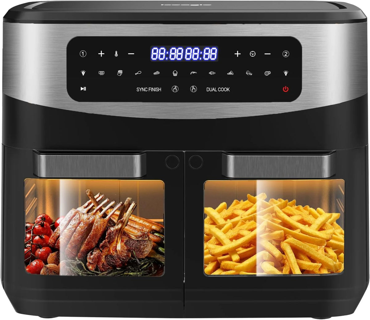 Iceagle Air Fryer 12 L Friteuse sans Huile - Friteuse à Air Chaud avec 10 Programmes, 2 Tiroirs, Fenêtre Visible, Panneau Tactile LED, Fonctions Match Cook & Smart Cook, 2600W, Noir