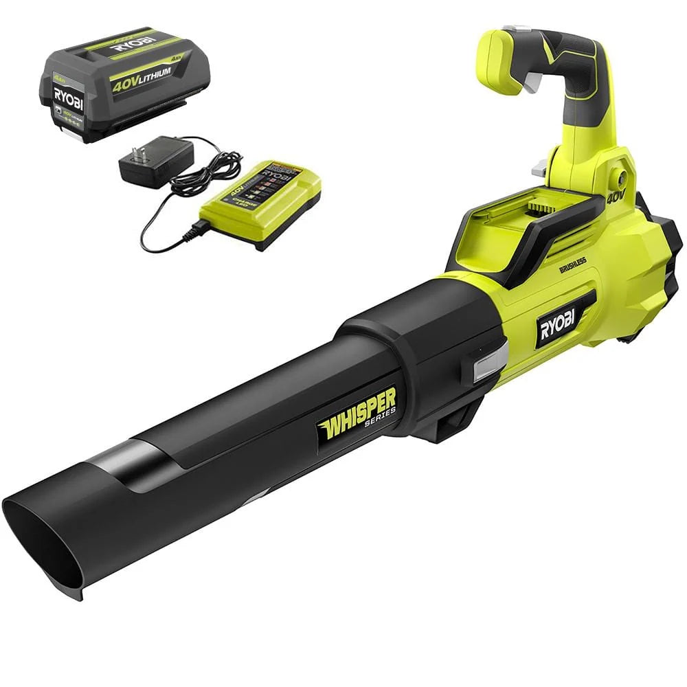 Soplador a Batería Inalámbrico RYOBI Whisper Series 40V Brushless con Motor Sin Escobillas, Velocidad de 125 MPH y Flujo de Aire de 550 CFM, con Batería de 4.0 Ah y Cargador RY40470