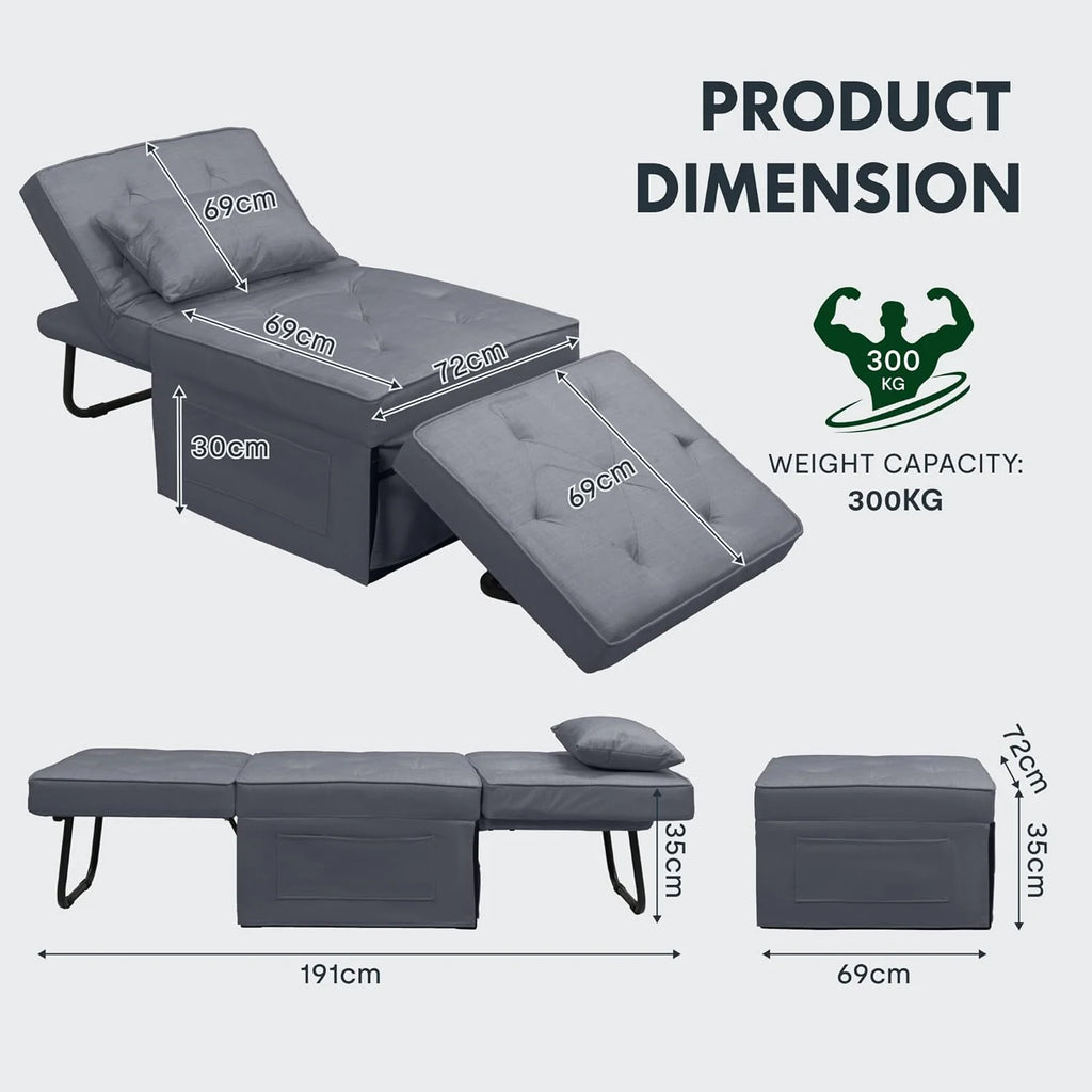 FLEXISPOT Sofa Bed Extendable Folding Sleeping Chair with Bed Function, Chair Beds with Function, Convertible Bed Chair, Load Capacity 300 kg, Grey