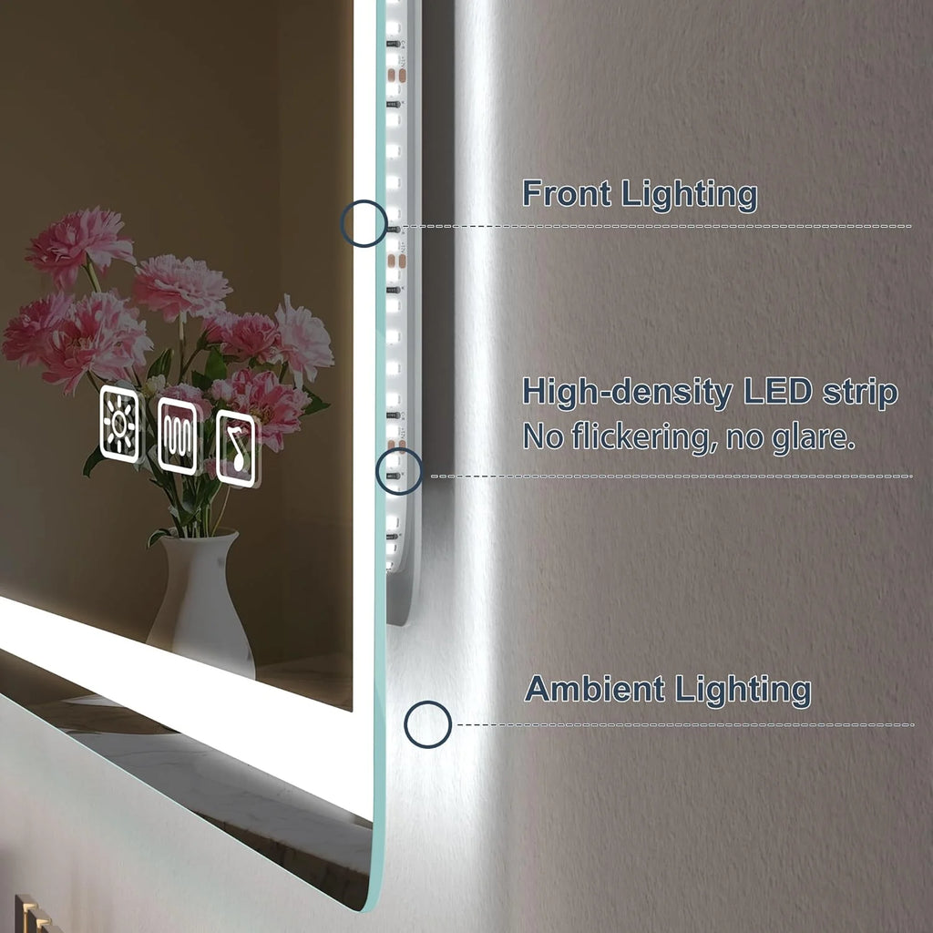 S'bagno Espejo-Baño-con-Luz 120x70cm, Espejo-Baño-LED-Bluetooth con Función Antivaho, 3000K/4000K/6500K, Regulable, Memoria, Cristal Templado HD, IP44-Espejos-de-Baño-con-LED, Horizontal/Vertical