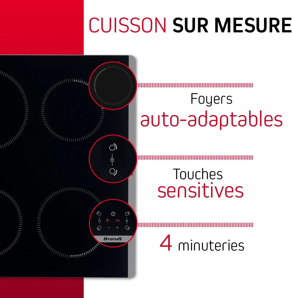 Brandt - BPI6464B - Plaque Induction - Table de Cuisson Encastrable - Noir - 4 Foyers - 7200W - Dimensions Encastrement : 56x49cm - Précision et Performances - Fabriqué en France