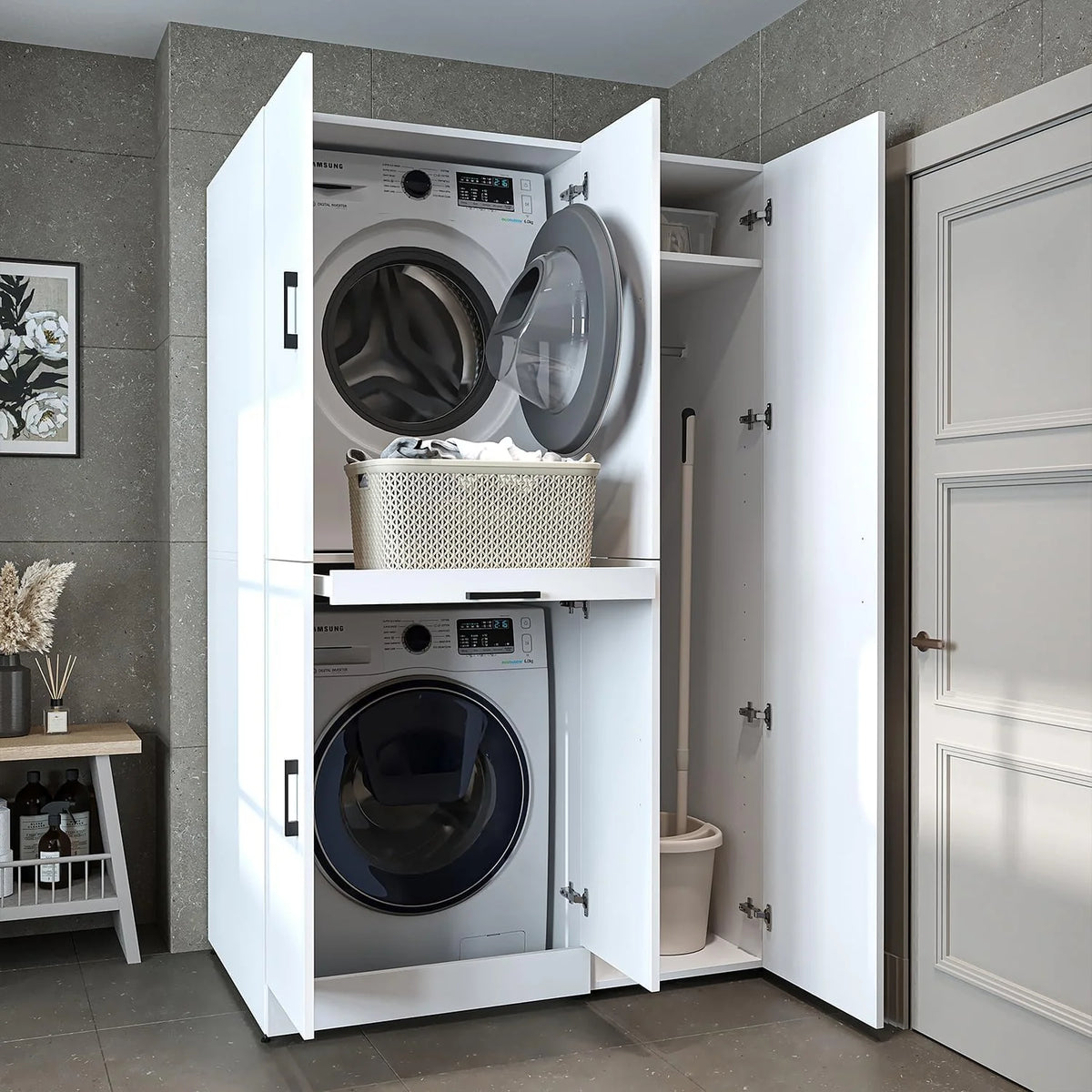ROOMART Dora - Armoire de machine à laver - Pour sèche-linge et machine à laver - En 4 couleurs - Avec portes et panneau coulissant - Blanc - Chêne blanc - Chêne anthracite - Chêne blanc (chêne blanc)