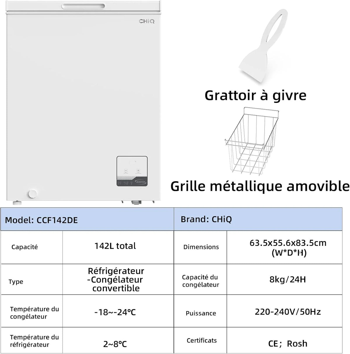 Congélateur coffre CHiQ 142L, 63,5 x 55,6 x 83,5cm, Congélateur Inverter, Affichage de la température extérieure, Mode de congélation rapide -32℃, Grille métallique,Faible bruit