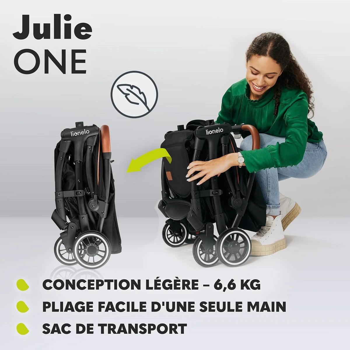 LIONELO Julie One Poussette canne legere Ultra compacte Pliable en un seul geste (0-22 kg), sac de transport, repose-pieds dossier, réglable jusqu'à, moustiquaire