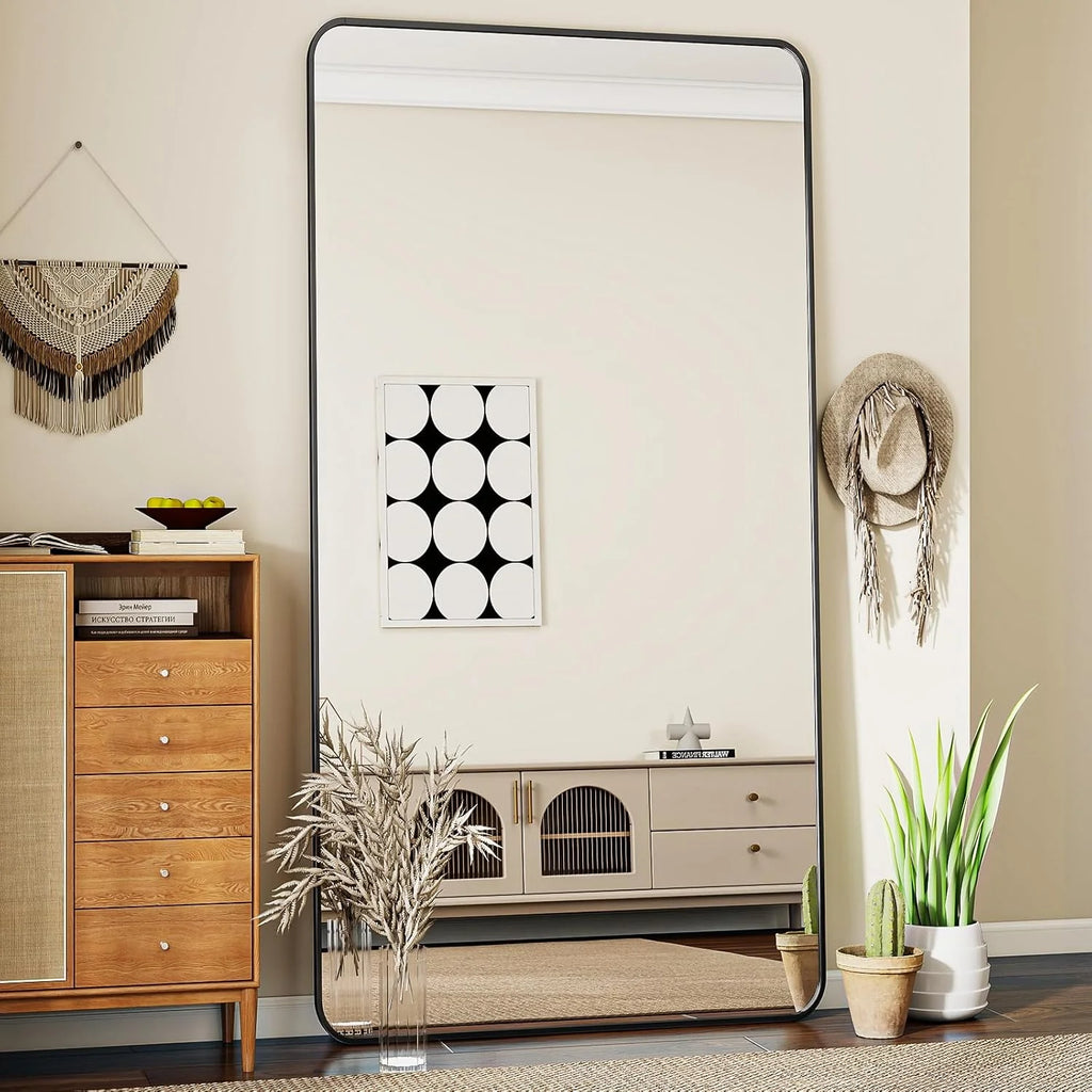 Koonmi miroir sur pied avec coins arrondis, 76 x 171 cm, grand miroir mural sur pied pour chambre à coucher et salon, noir