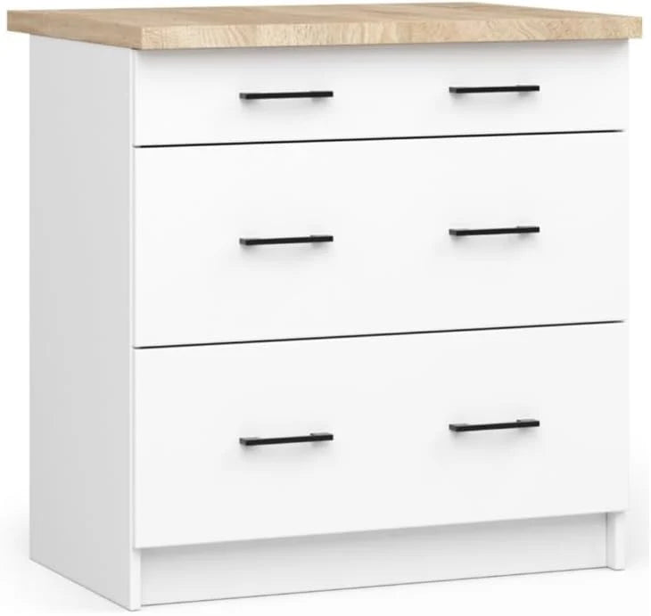 BDW Armoire de Cuisine OLIWIA S80 - Meuble Cuisine - Buffet - Panneau Stratifié 16 mm - Placage ABS - Design Moderne - Durable et Résistant à l'usure - Facile à Assembler - 3 Tiroirs - 80 cm - Blanc