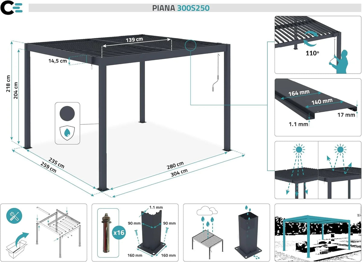 CAZEBOO Pergola Bioclimatique Autoportante Piana 3x2,5 m - 7,5 m² – Pergola Aluminium Gris avec Lames Orientables en Acier – Abri Terrasse et Jardin