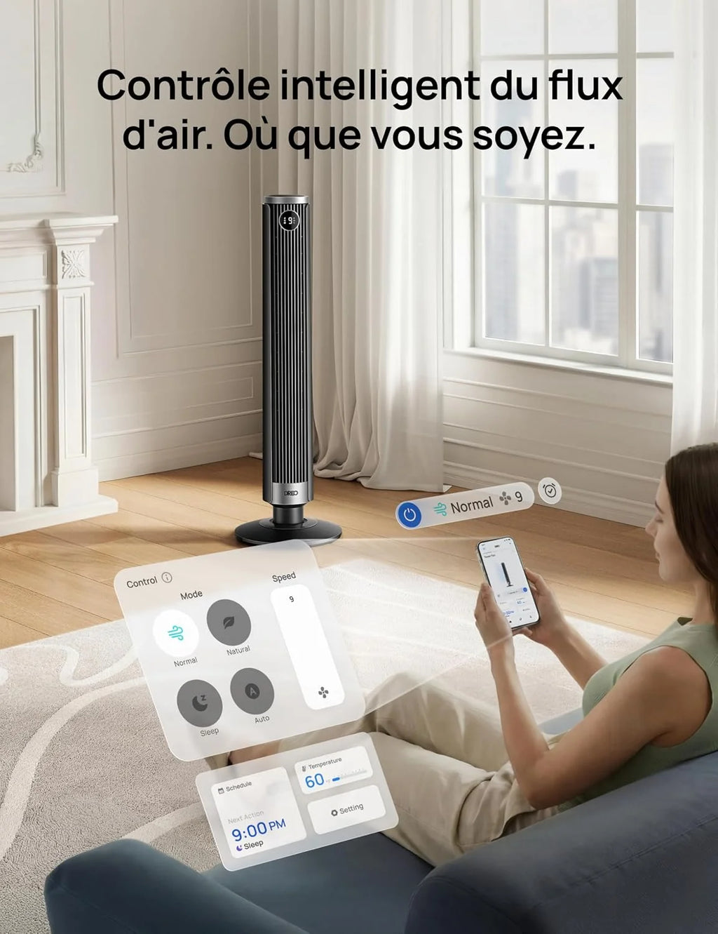 DREO Ventilateur colonne intelligent 554S, ventilateur sur pied réglable 102–114 cm, 8.4 m/s, oscillation 90°, silencieux 20 dB, 9 vitesses, 4 modes, minuterie 12 h, compatible Google et Alexa