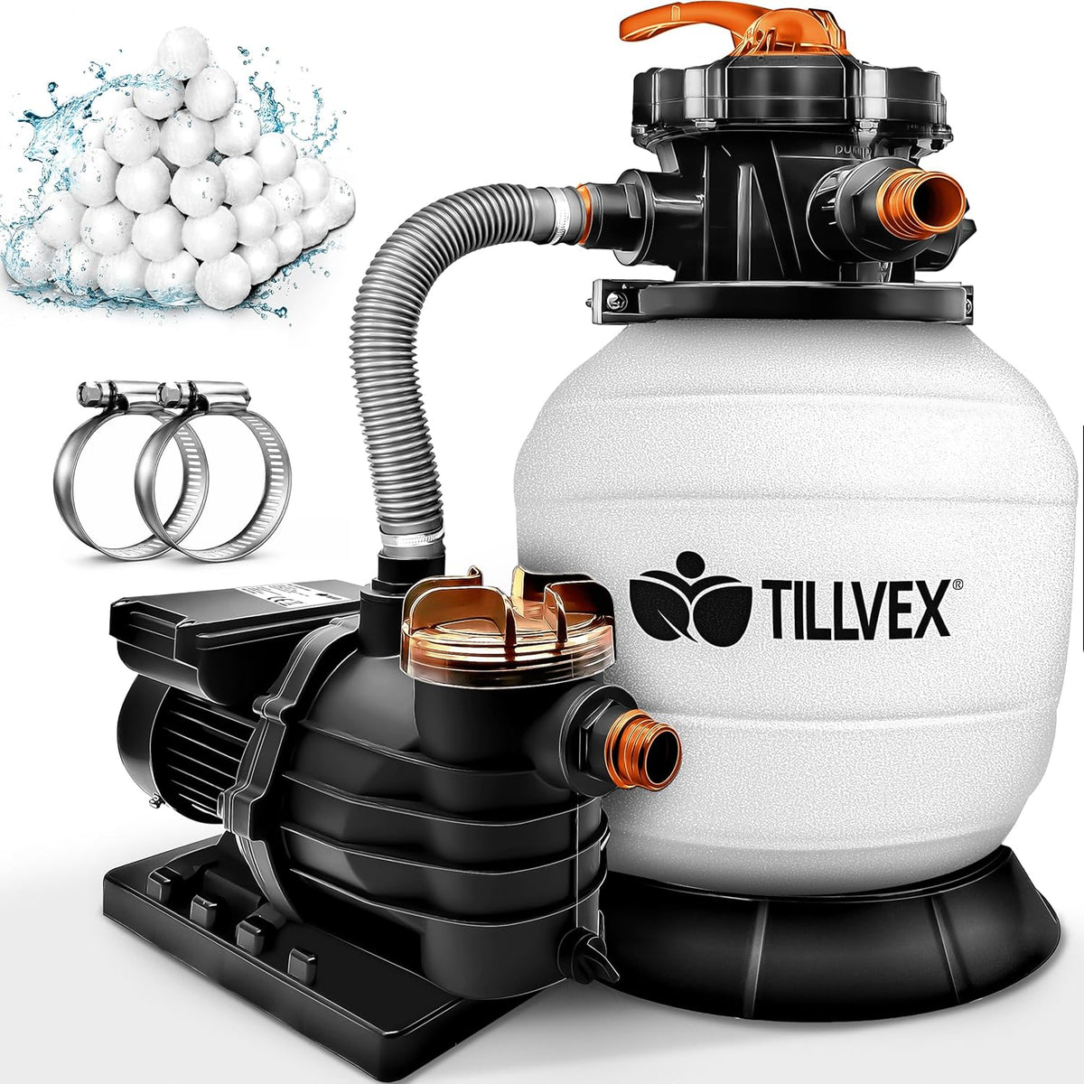tillvex Système de Filtre à Sable 10 m³/h + 800g Boules de filtre – 7 Fonctions de Filtration | Filtre de Piscine avec indicateur de pression | Filtre à sable pour les bassins aquatiques & piscines