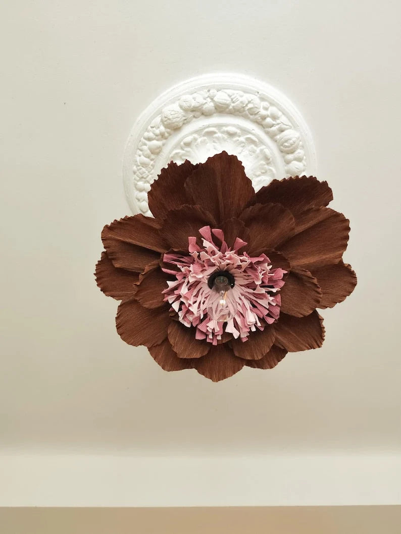 Pantalla de lámpara de papel crepé color cacao, lámpara colgante con forma de flor extragrande