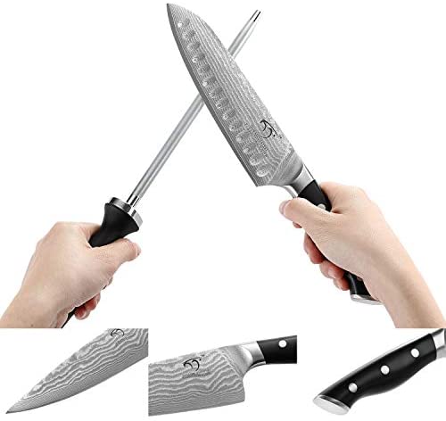 Juego de cuchillos de cocina Damascus, set de 9 piezas con bloque, mango ergonómico ABS para cuchillos de chef, afilador de cuchillos y tijeras de cocina, bloque de madera de haya