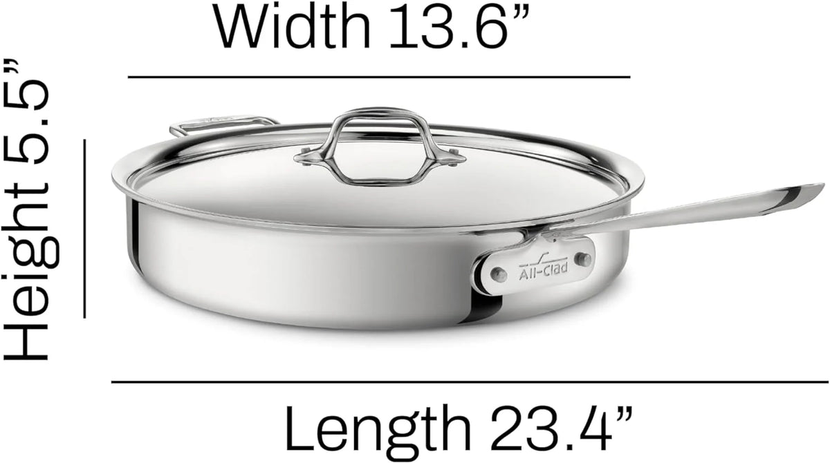 All-Clad D3 Sartén para Saltear de Acero Inoxidable de 3 Capas, 6 Cuartos, Compatible con Inducción, Horno y Grill hasta 600°F, Ollas y Sartenes, Color Plateado
