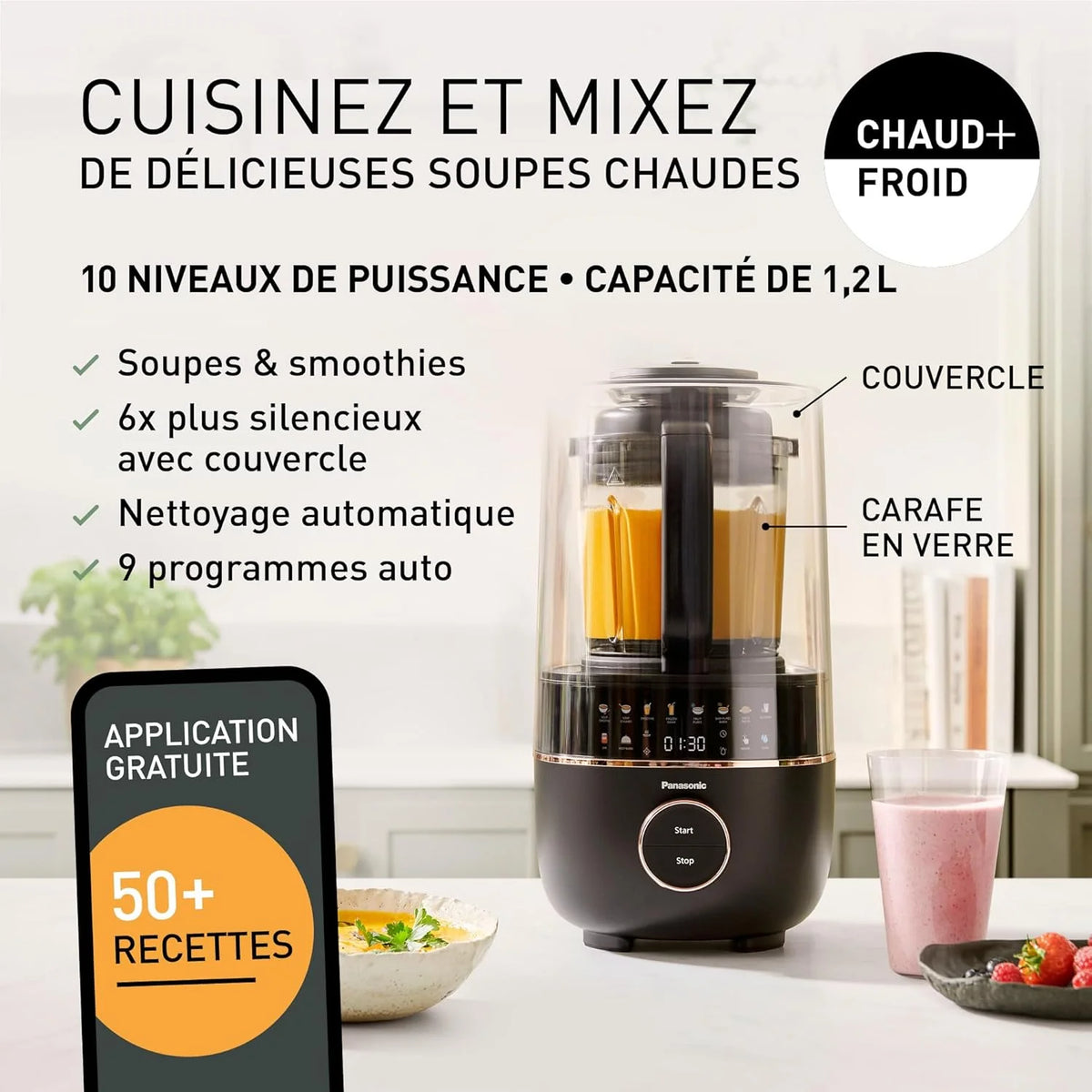 Panasonic MX-HG4401KXE Blender Chauffant, 1.2L, 800W, Chaud et Froid, 9 modes Automatiques, 10 Vitesses, Minuterie, Maintien au Chaud, Nettoyage Automatique, Noir et or Rose