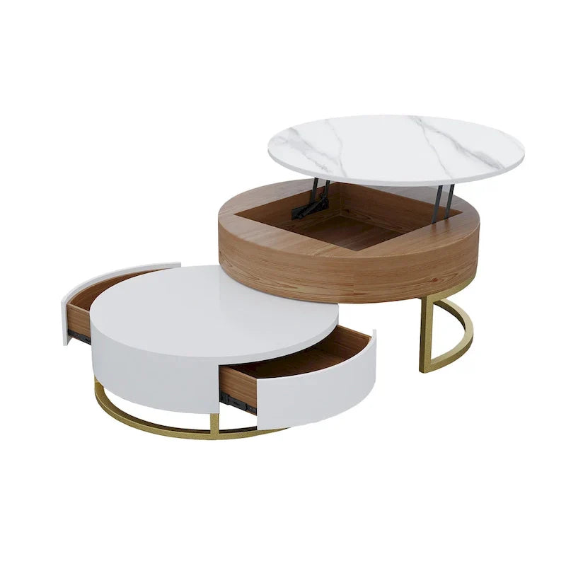 Round Coffee Table White with Storage Lift-Top Wood Coffee Table Lifts up with Rotatable Drawers White Natural