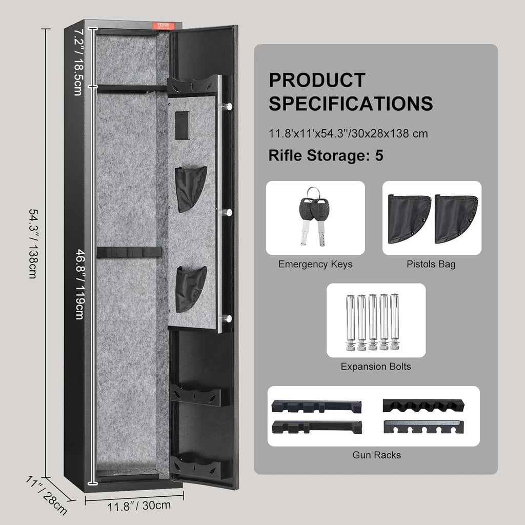 VEVOR Armoire à 5 Fusils 4 Pistolets en Acier Coffre-Fort pour Armes à Feu 2 Façons de Verrouillage Empreinte Digitale et Clé Anti-Effraction Alarme Antivol et Mode Silencieux Domicile 28x30x138 cm