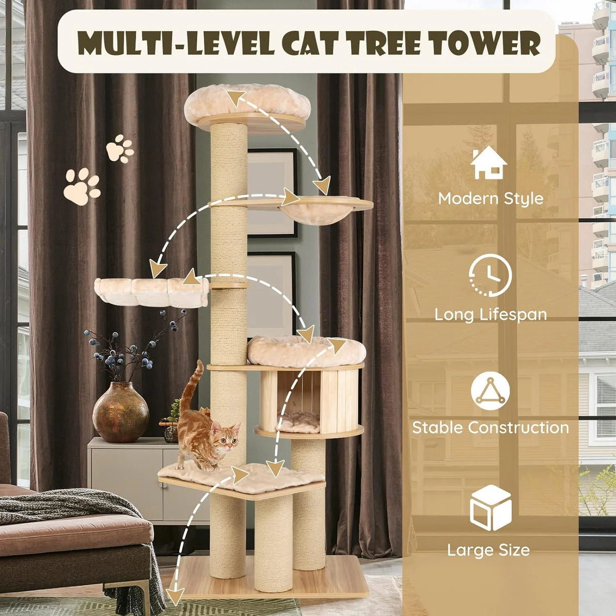 Árbol para Gatos Grande, Torre de Múltiples Niveles con Poste de Sisal, Hamaca, Cesta Colgante y Alfombrillas Desmontables y Lavables, Perfecto para Gatos Grandes