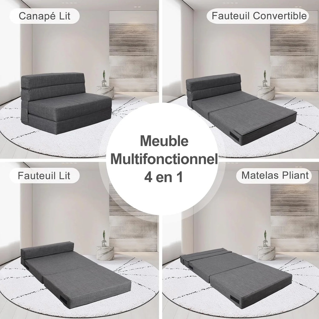 ANONER Canapé Convertible 2 Places 150cm de Large, Pliable en Mousse à Mémoire de Forme & 2 Oreillers, Lit Pliant de Sol pour Chambre Salon, Gris Foncé