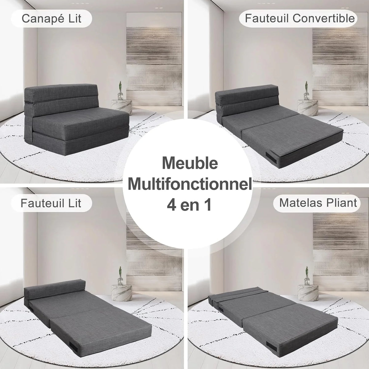 ANONER Canapé Convertible 2 Places 150cm de Large, Pliable en Mousse à Mémoire de Forme & 2 Oreillers, Lit Pliant de Sol pour Chambre Salon, Gris Foncé