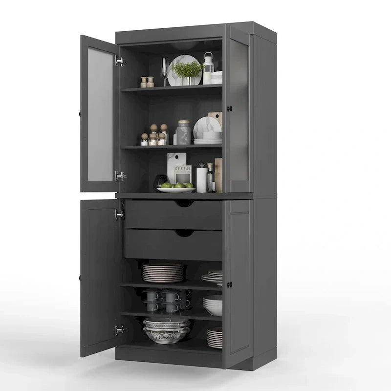 100% Solid Wood Pantry Cabinet with Frosted Glass Doors, Solid Doors, 2-Drawers and Adjustable Shelves