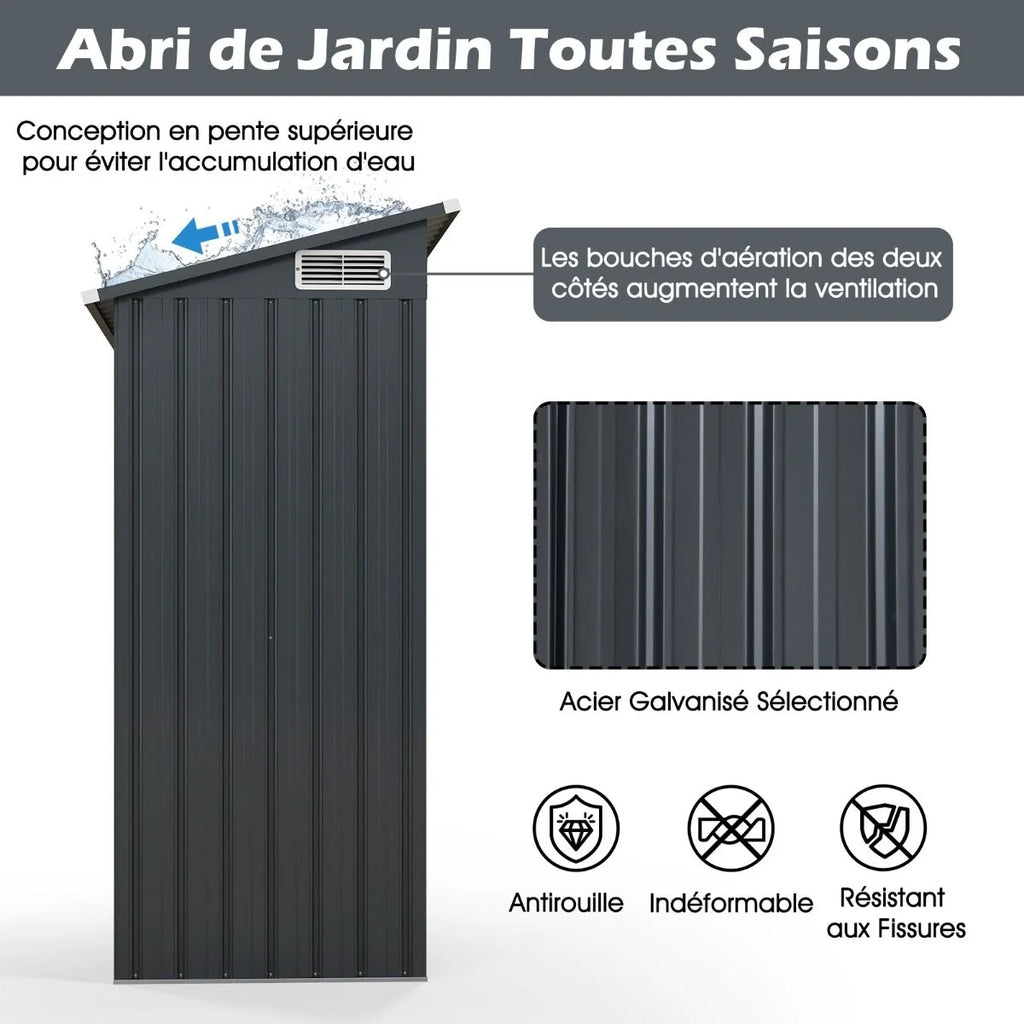 Abri de Rangement Toutes Saisons Abri à Outils Utilitaire avec Toit en Pente Porte Ouvrante Aérations Cadre en Métal Galvanisé Gris