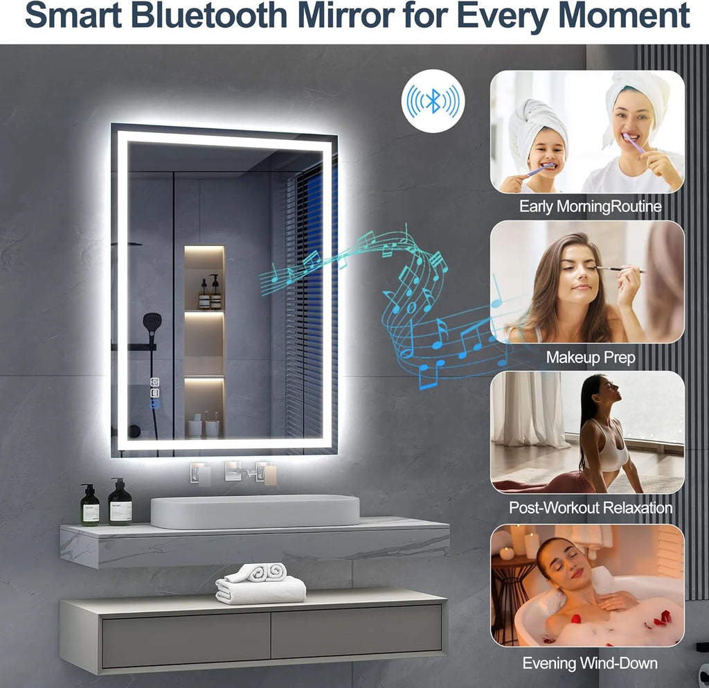 S'bagno Espejo-Baño-con-Luz 120x70cm, Espejo-Baño-LED-Bluetooth con Función Antivaho, 3000K/4000K/6500K, Regulable, Memoria, Cristal Templado HD, IP44-Espejos-de-Baño-con-LED, Horizontal/Vertical