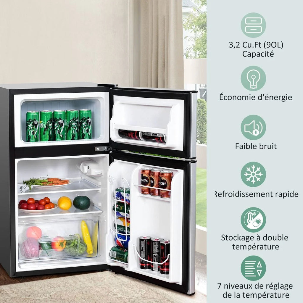 Réfrigérateur Compact Mini-réfrigérateur 90 L Congélateur Séparé avec Design à 2 Portes Fonctionnement Silencieux Blanc/Gris/Noir
