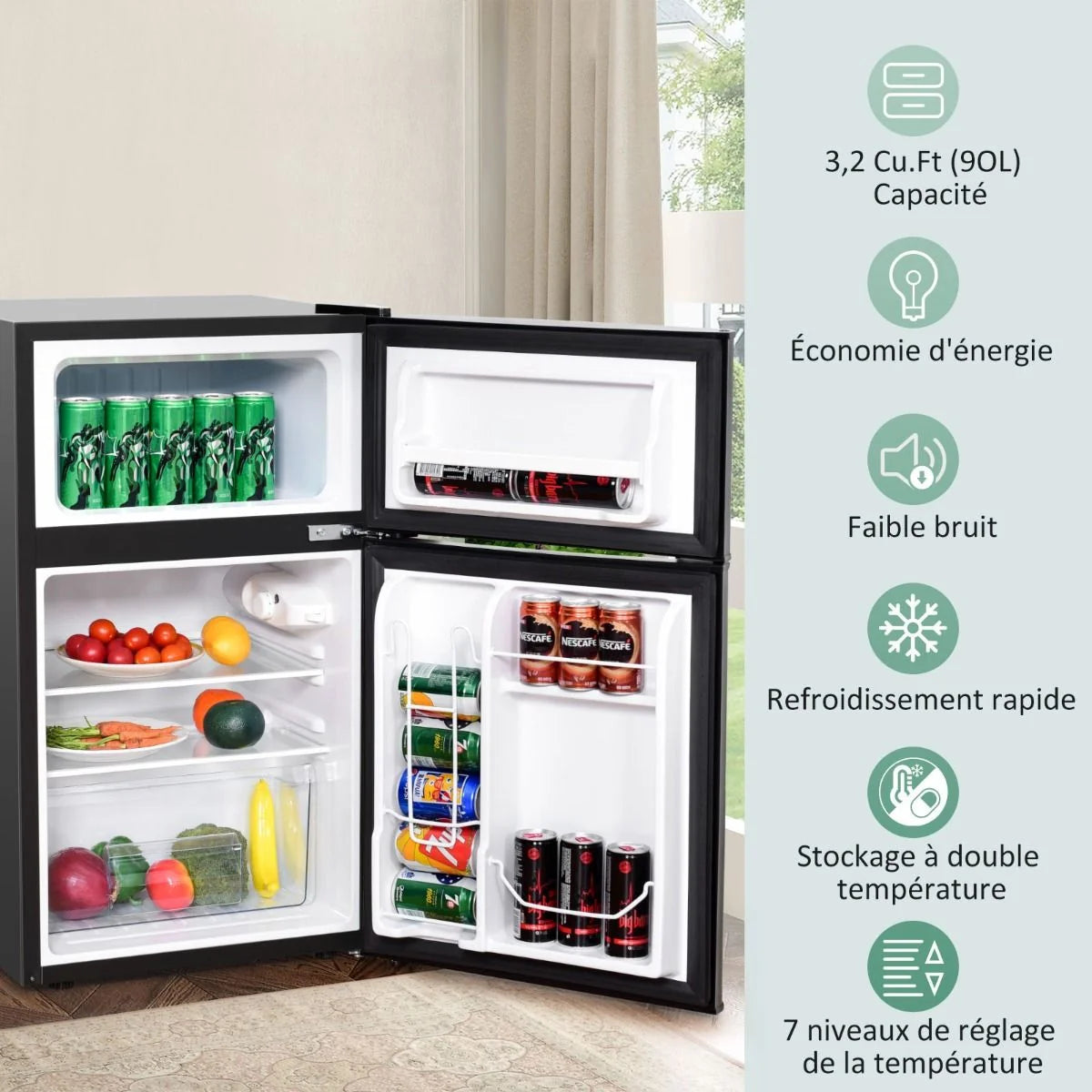 Réfrigérateur Compact Mini-réfrigérateur 90 L Congélateur Séparé avec Design à 2 Portes Fonctionnement Silencieux Blanc/Gris/Noir