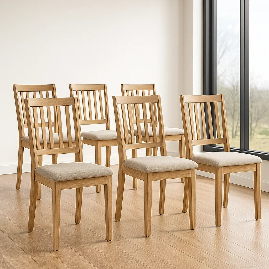 Lot de 6 chaises de salle à manger en bois de chêne avec coussin beige