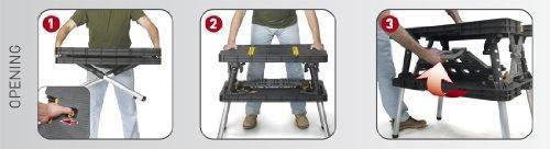 Keter – Mesa de Trabajo Plegable para Banco de Sierra de Ingletes, Herramientas y Accesorios de Carpintería con Abrazaderas de Madera de 12 Pulgadas Incluidas – Almacenamiento Fácil para el Garaje, Negro/Amarillo