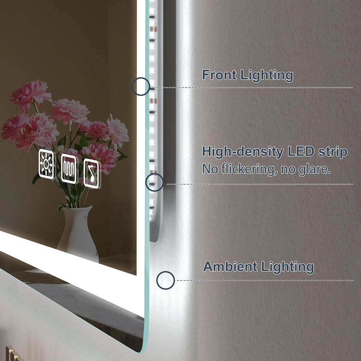 S'bagno Espejo-Baño-con-Luz 120x70cm, Espejo-Baño-LED-Bluetooth con Función Antivaho, 3000K/4000K/6500K, Regulable, Memoria, Cristal Templado HD, IP44-Espejos-de-Baño-con-LED, Horizontal/Vertical