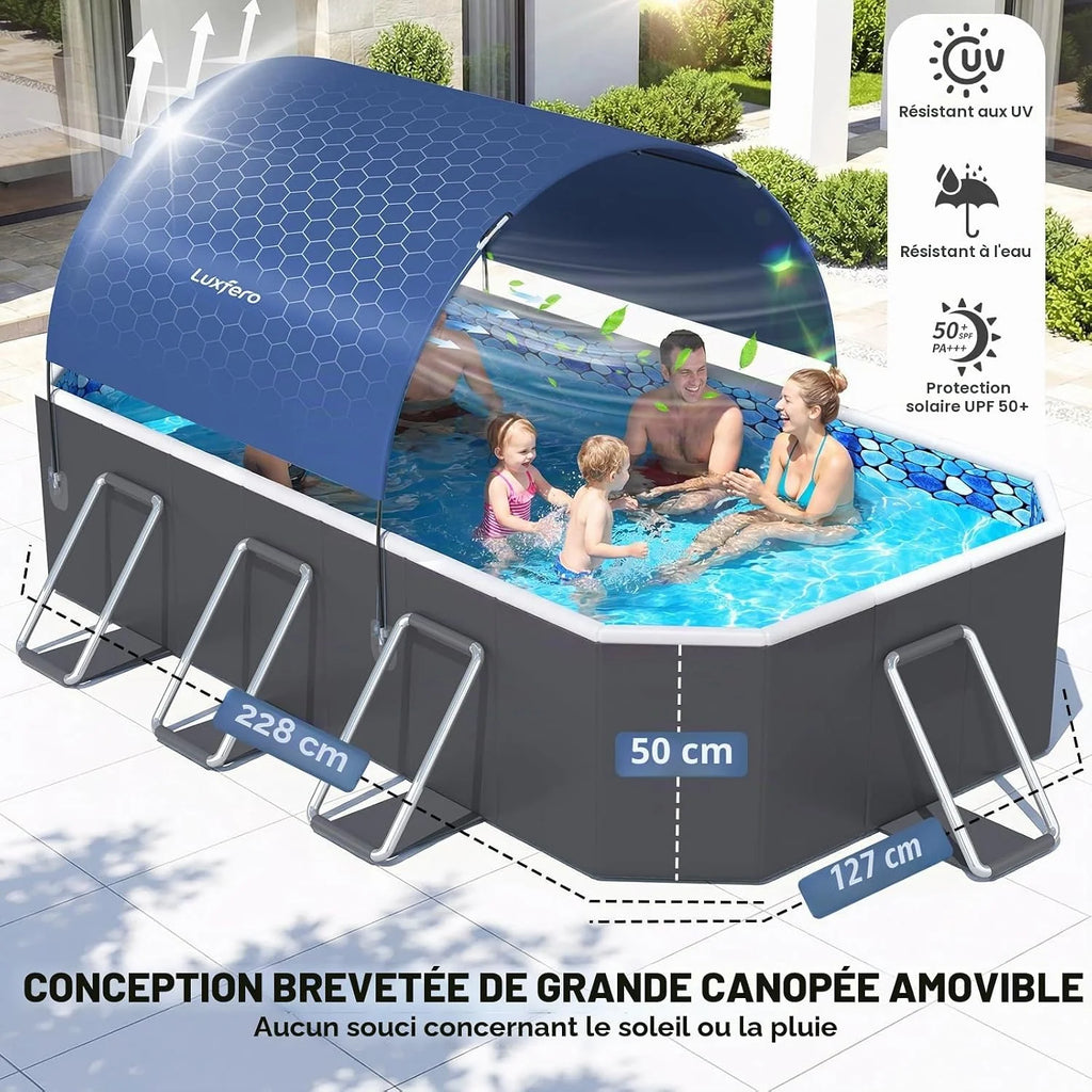 Luxfero Piscine Rectangulaire Tubulaire avec Auvent, Piscine hors sol Pliable Grande, Metal Frame Piscine Tubulaire Épaissi, Facile à Ranger&Épuisement Piscine pour Jardin et Famille,228 x 127 x 50 cm