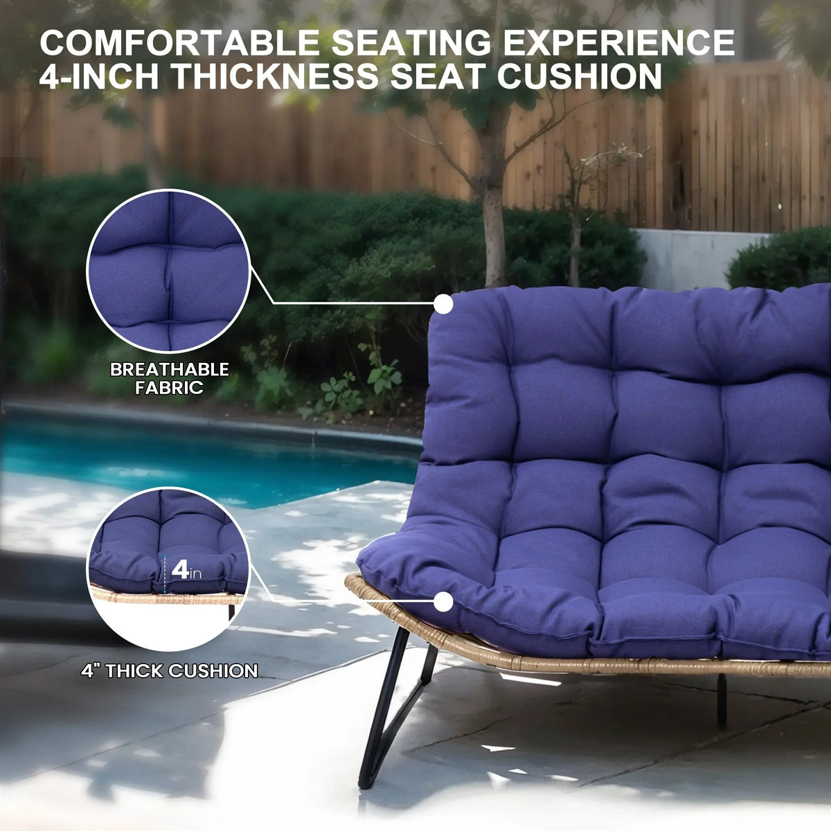 Double Papasan Chair Loveseat with Cushion, All-weather PE Rattan and Metal Frame for Indoor Outdoor